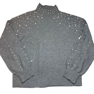 Fever Womens XL Gray 3D Pearl Embellished Mock Neck Long Sleeve Sweater Pullover